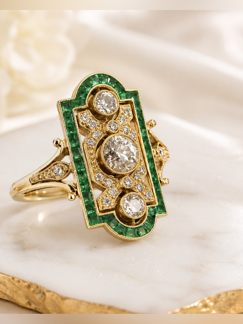 Vintage Emerald Art Deco Ring | Gold Statement Ring | Green Crystal